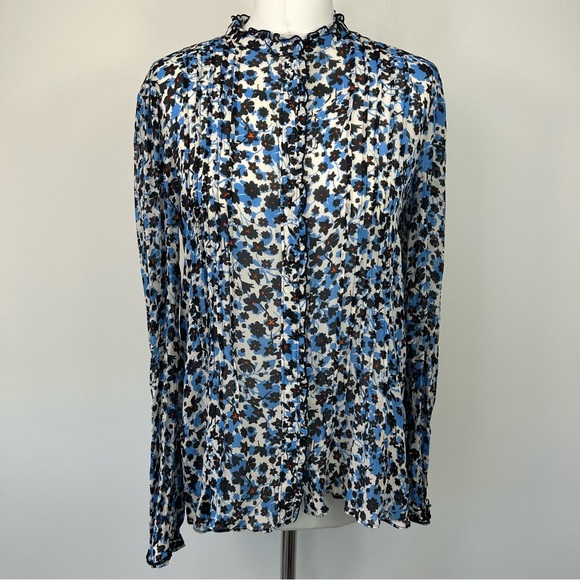 Jigsaw Tops - Jigsaw Blouse Size 10 Blue Floral Long Sleeves Ruffle Trims Chiffon